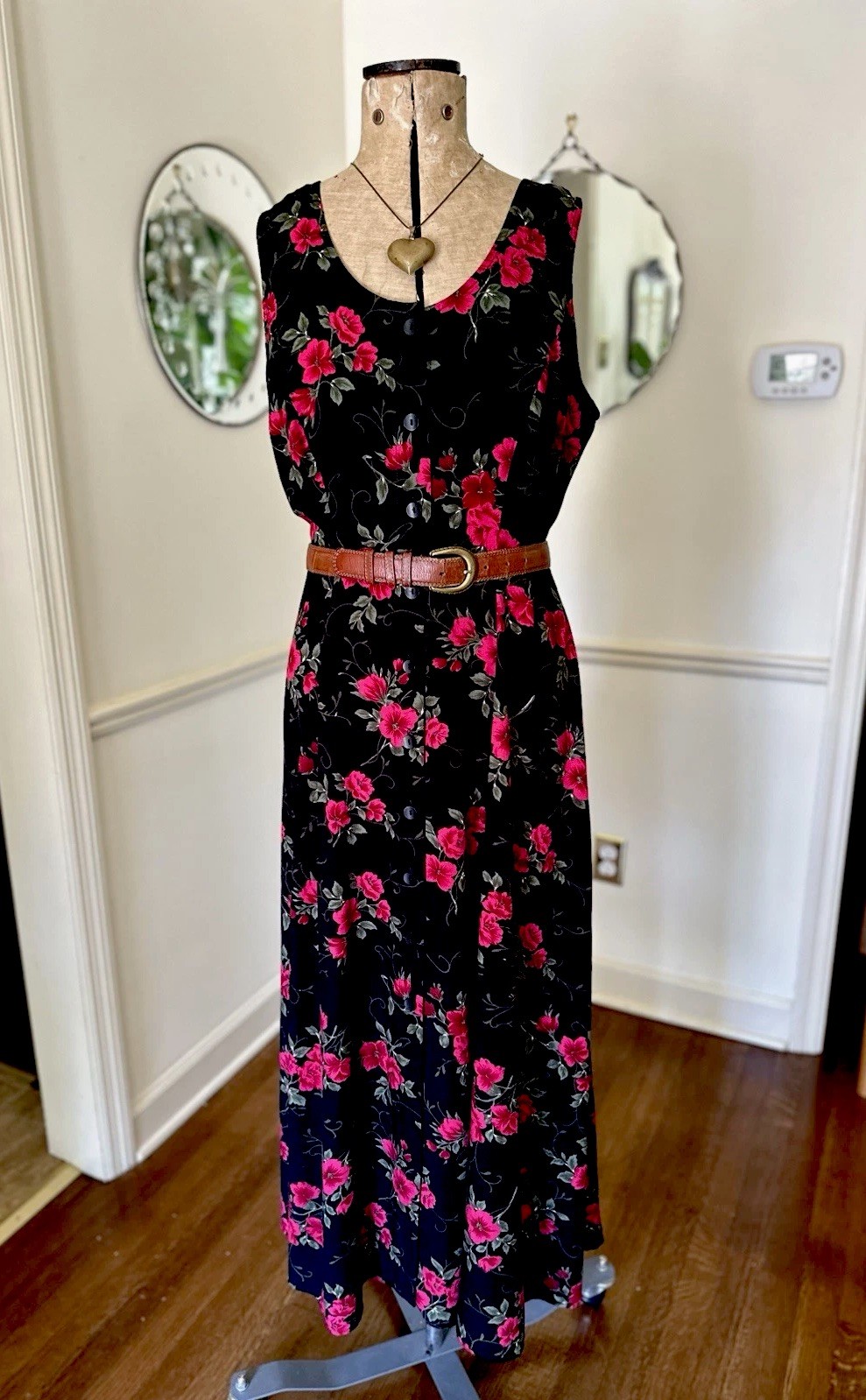 Vintage 90s Pretty Maxi Dress Womens Medium Black Red Roses Floral Button Up Y2k