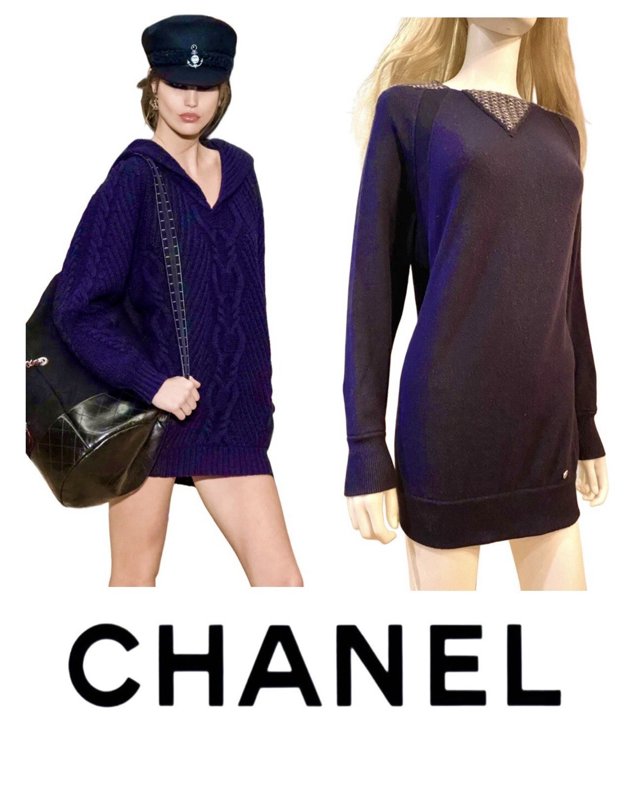 Chanel 2016 2017 Blue Knit Long Sweater Dress 34 36 38 2 4 6 Tunic Top Vtg S M