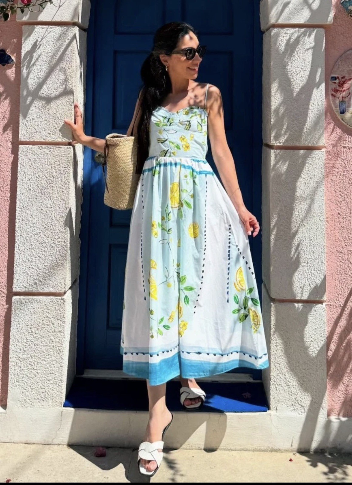 Zara Lemon Print Long Poplin Dress Light Blue Green Size M 3454/347 New