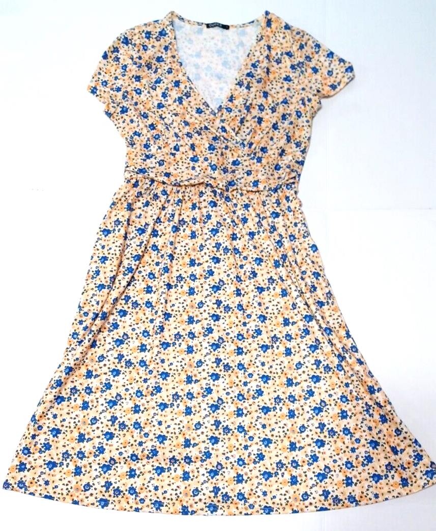 Floral Yellow Blue OUGES Women’s Dress Sz L Cap Sleeve V Neck Stretch Wrap