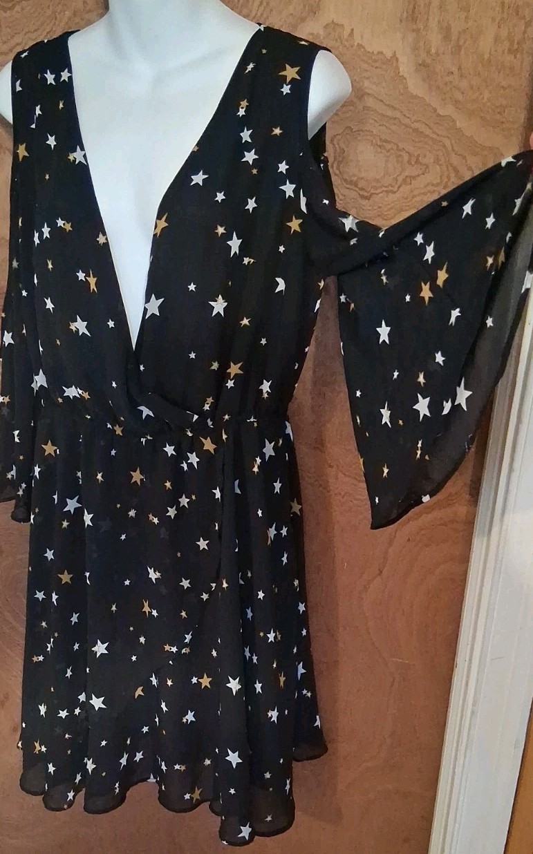 Star Mini Dress XL Stretch Womens Deep V Neck Moon Child Witchy Boho Celestial