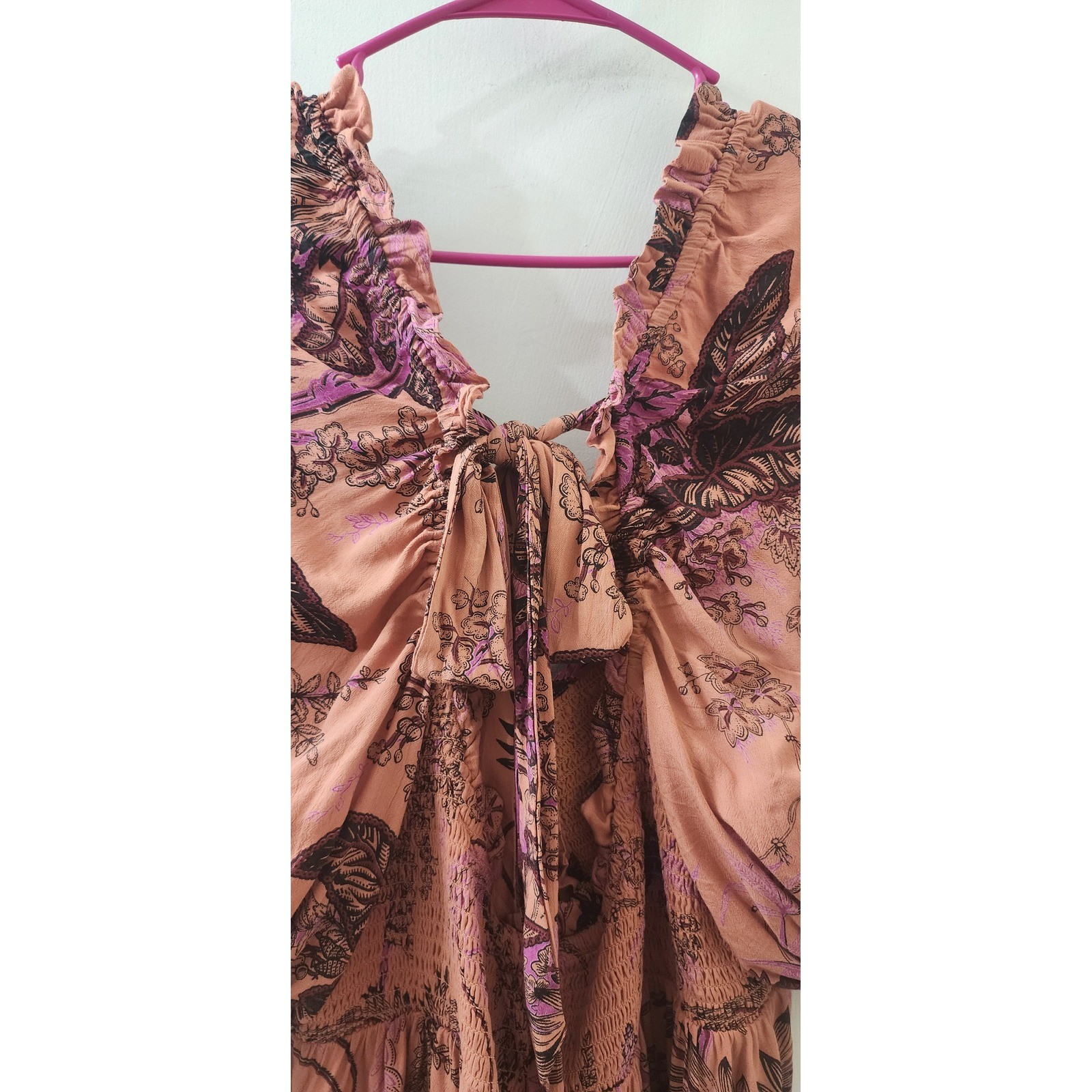 Boho Peach Botanical Butterfly Print Smocked Maxi Dress XL Ruffle Tie Back