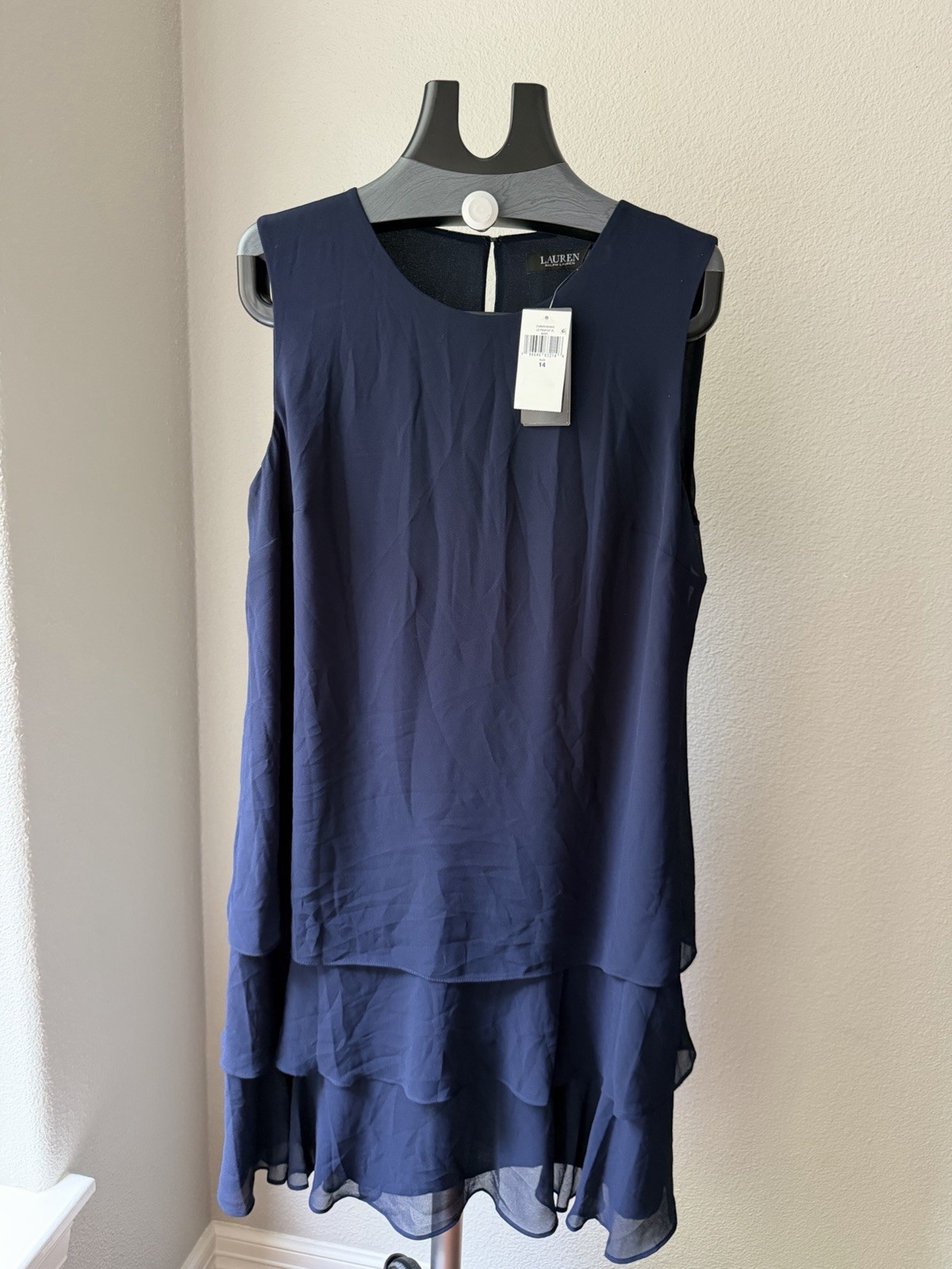 Lauren Ralph Lauren Women’s Navy Crinkle Georgette Shift Dress Size 14