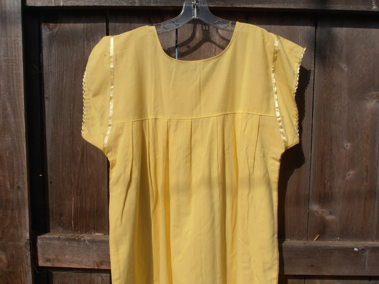 Mexican Embroidered Yellow Cotton Oaxacan Dress Ribbon Lace Maxi Boho Large