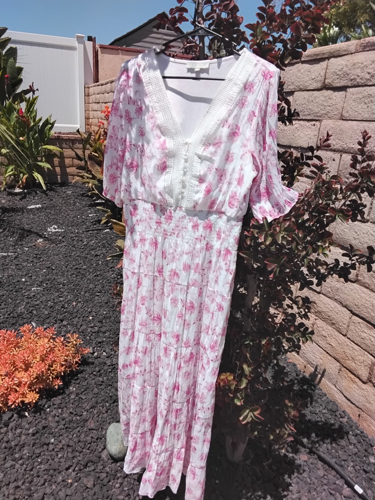 JGEE Maxi Dress White Pink Floral V-Neck 3/4 Sleeve Smocked Waist Lace XL