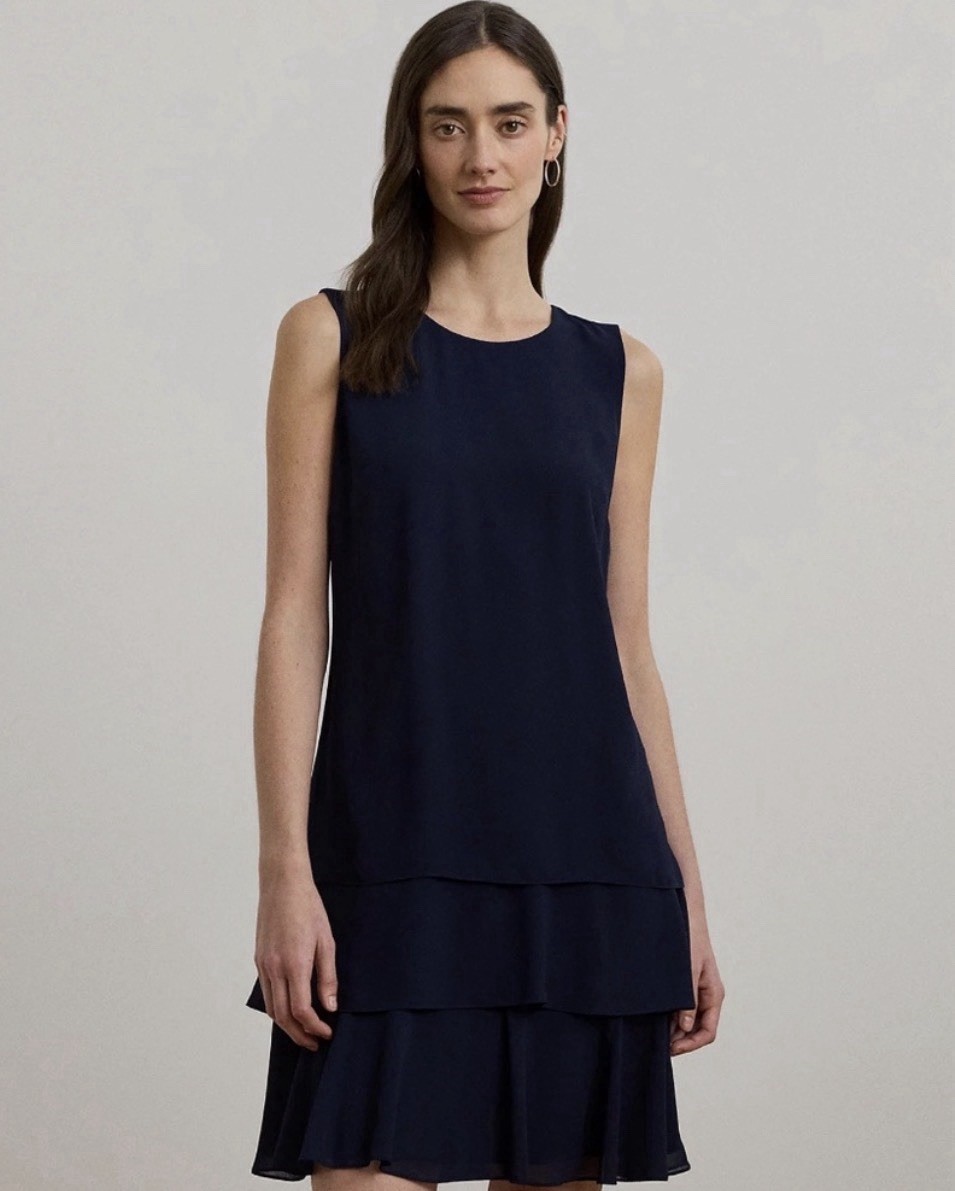 Lauren Ralph Lauren Women’s Navy Crinkle Georgette Shift Dress Size 14