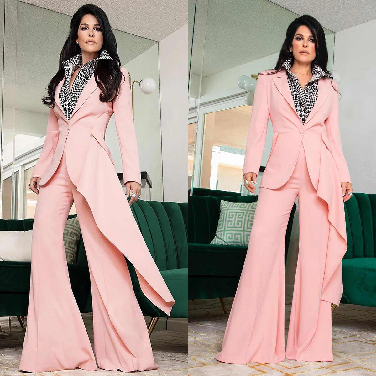 Pink Women’s Pant Suits 2Pcs Fashion Long Jacket Ladies Evening Prom Party Gowns