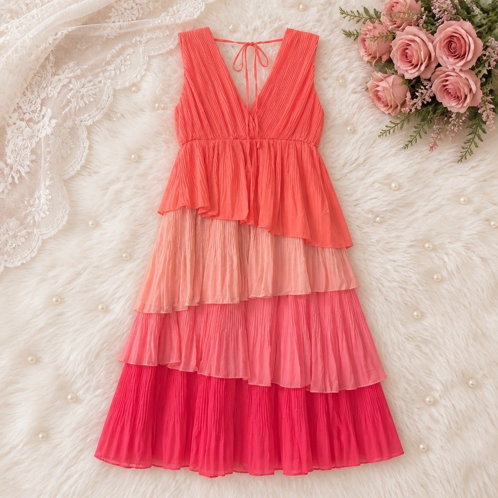 Strut & Bolt Coral Pink Ombre Pleated Tiered Maxi Dress V-Neck Lined D-2778-P L