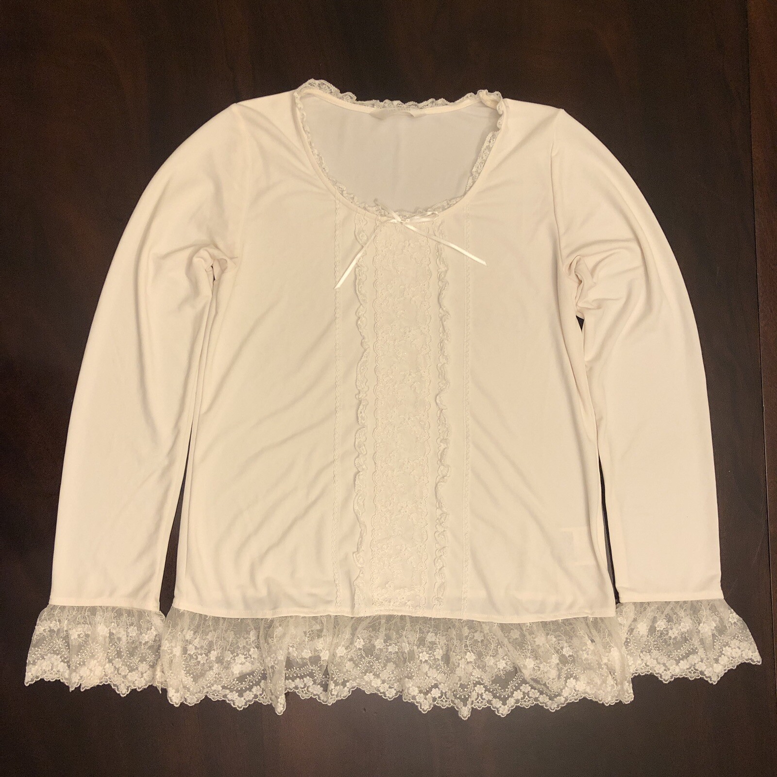 Pink House Japan White Long Sleeve Blouse Size M Ribbon Neck Floral Flared Cuffs