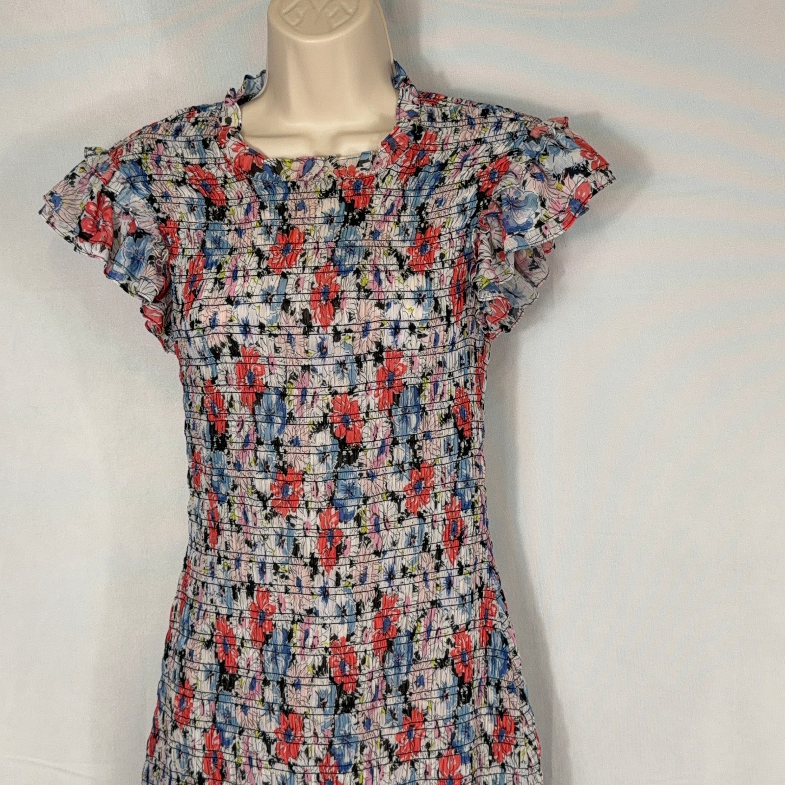 Veronica Beard Dress Smocked Floral Flutter Sleeve Mini Red Blue Women Size 2