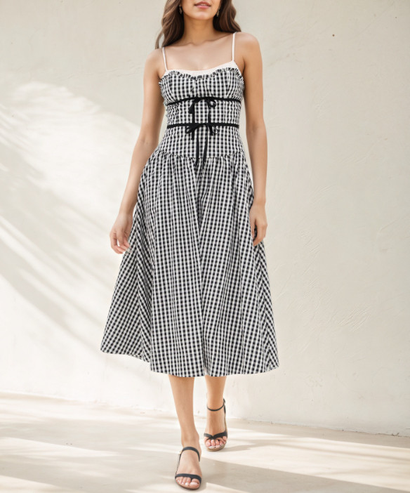 Women Checked Contrasting A-line Slip Midi Dress