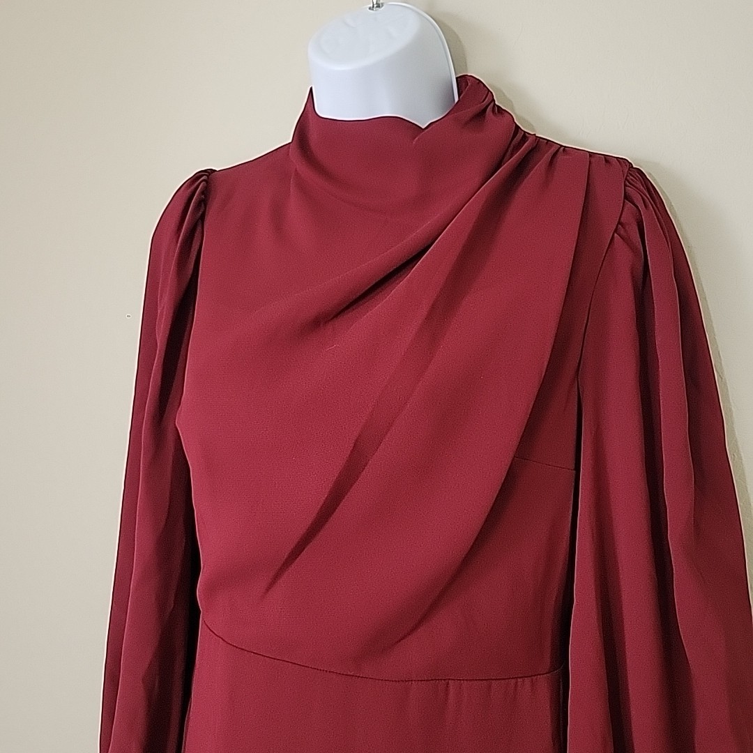 Express Maroon Sz S Elegant Long Sleeve Dress Pleated Mock Neck Button Cuff