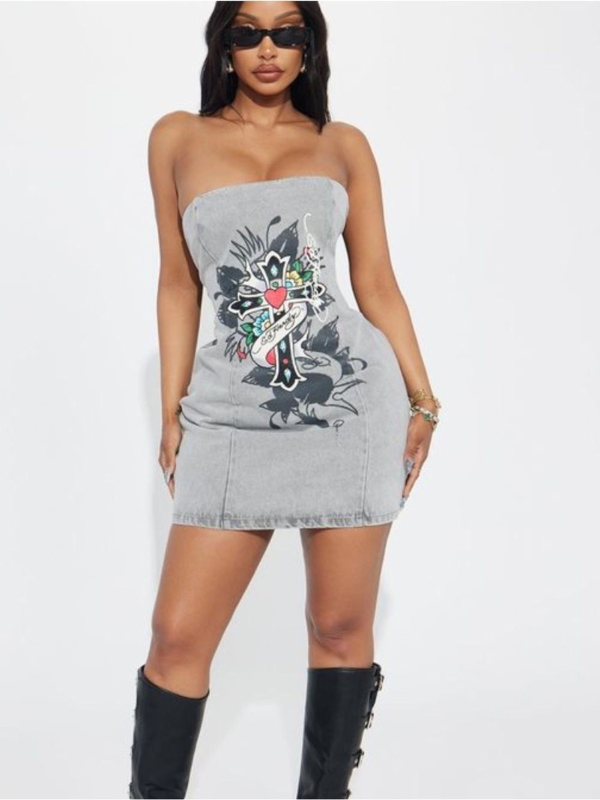 Ed Hardy Grey Denim Dress Colorful Cross Graphic