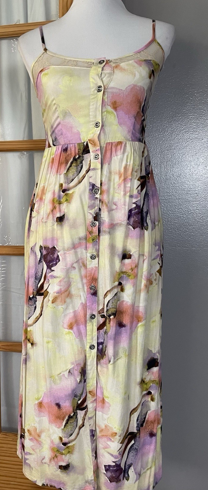 Mimi Chica Watercolor Floral Midi Dress XS Yellow Pink Button Up Bohemian Beach