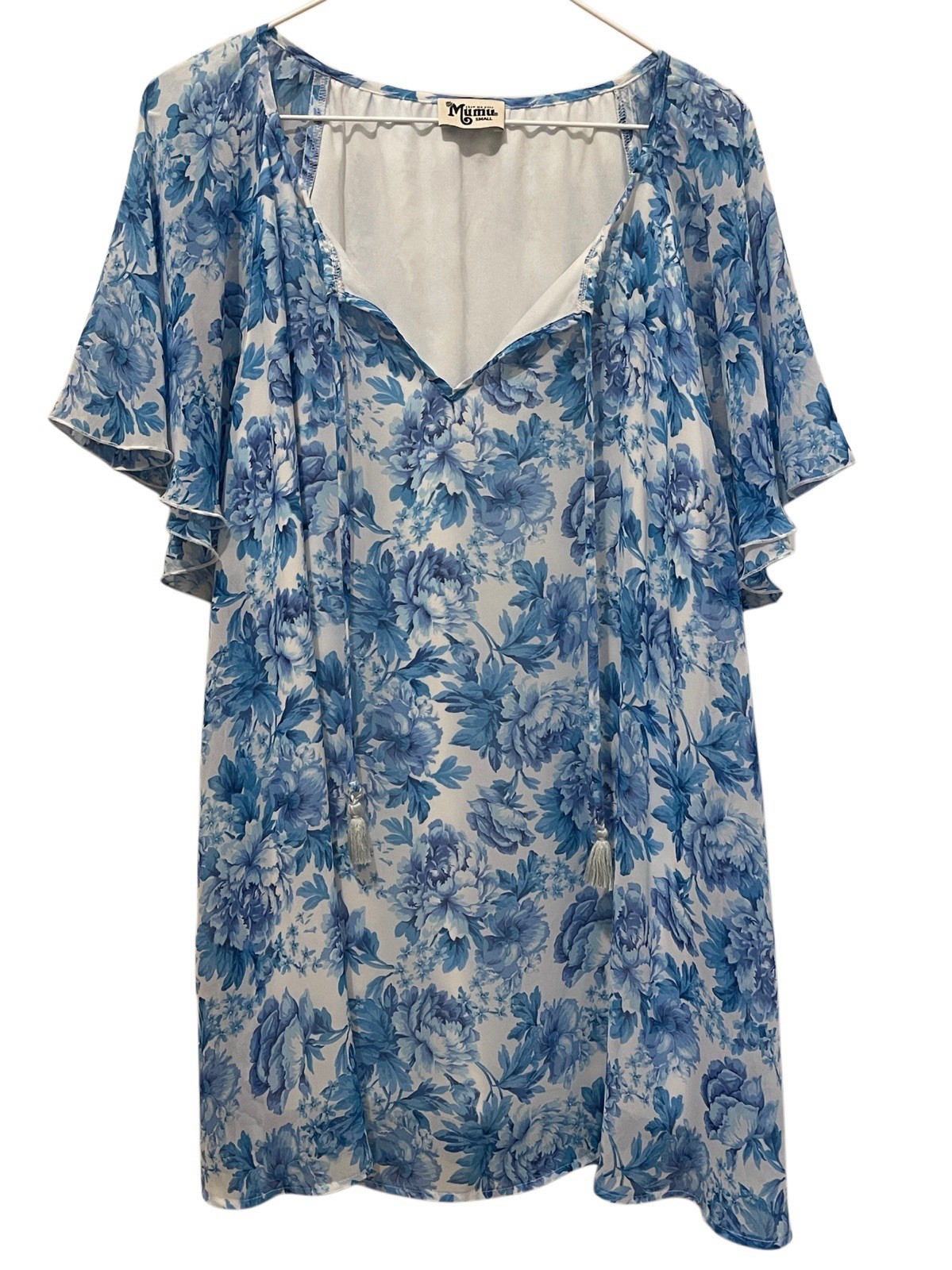 Show Me Your Mumu Blue White Floral Flutter Sleeve Mini Dress Tassel Boho Small