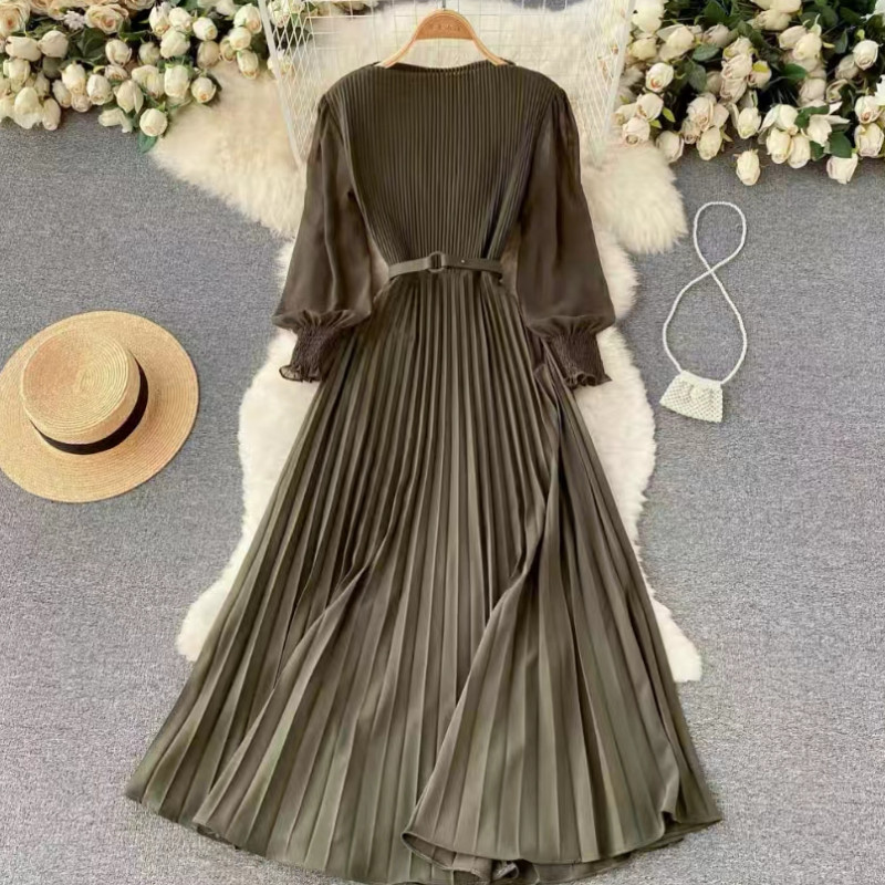 Women Pleated Long Dress Elegant Long Puff Sleeve High Waist Evening Party Dress