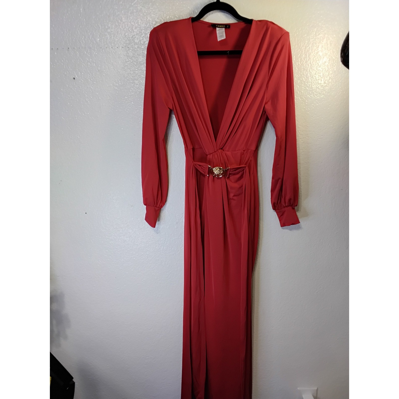 Cameo Rose Red Deep V-Neck Maxi Gown Gold Lion Buckle Long Sleeve Slit Dress(43)