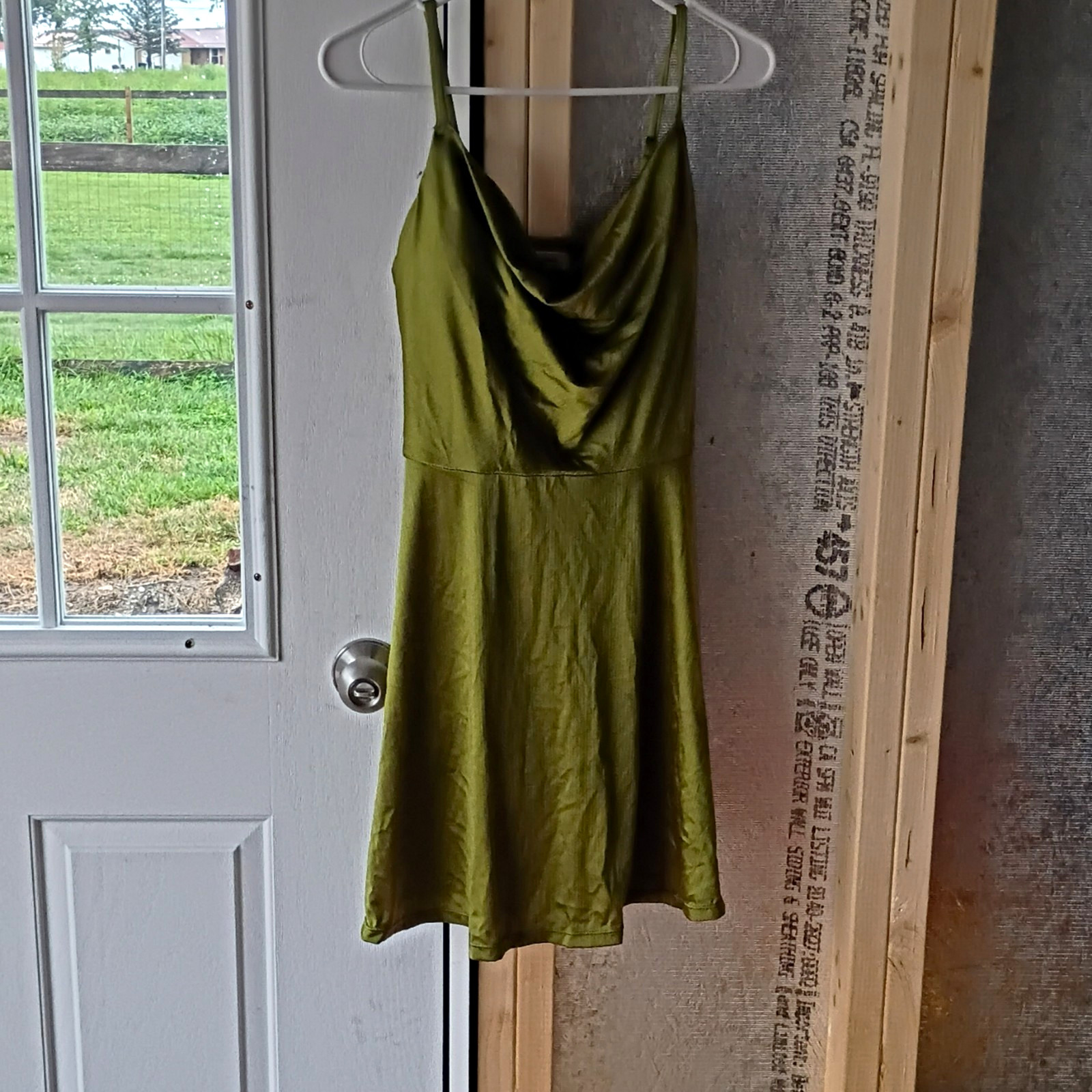 Popilush Green Solid Cowl Neck Short Slip Dress Strappy Sleeveless Women L