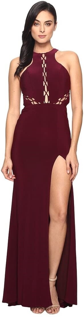 Faviana 241393 Womens Lace-Up Illusion on Jersey Halter Dress Bordeaux Size 12