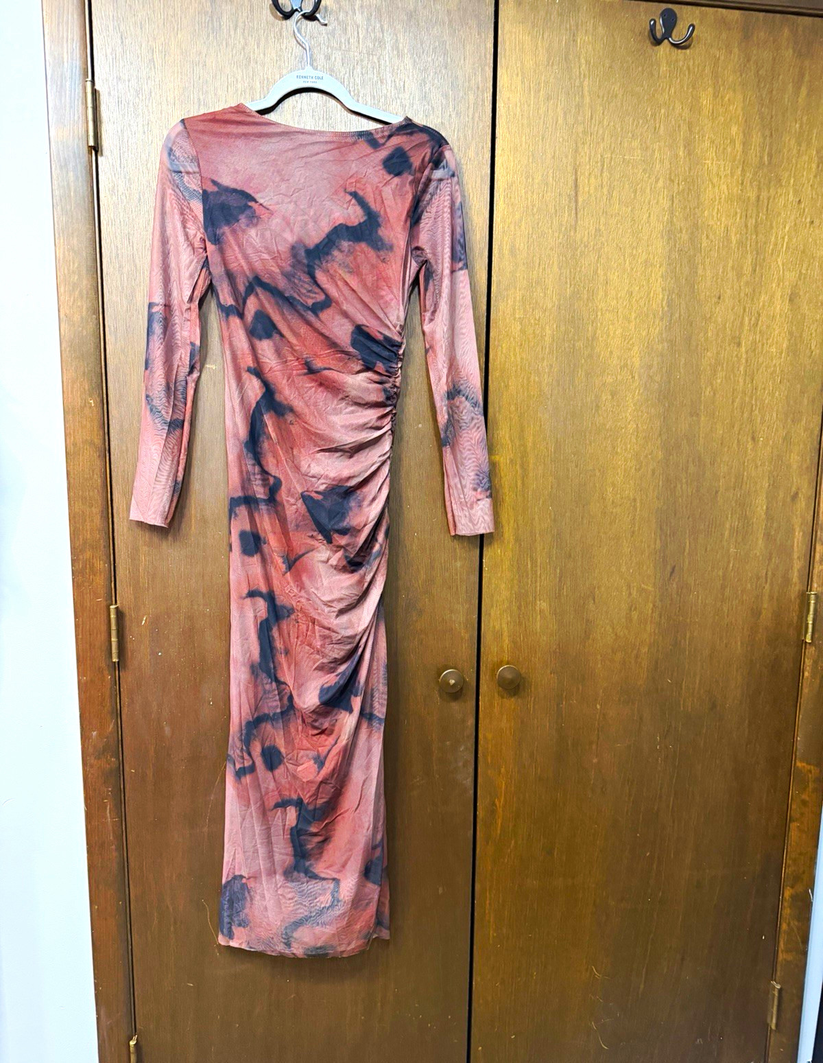 SHEIN Ruched Stretch Bodycon Maxi Dress Abstract Pink/Black S Round Neck