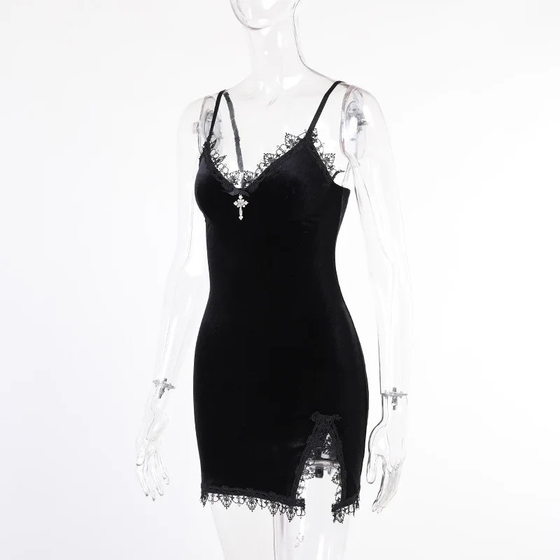 Dark Cross Black Mini Dress Vintage Sexy Spaghetti Strap High Waist Slit Dresses