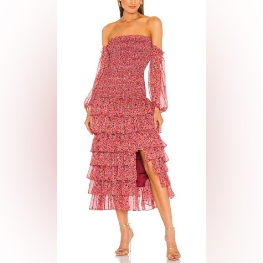 LIKELY Mitzie Pink Floral Ruffle Tiered Midi Dress 10 | Smocked Off Shoulder