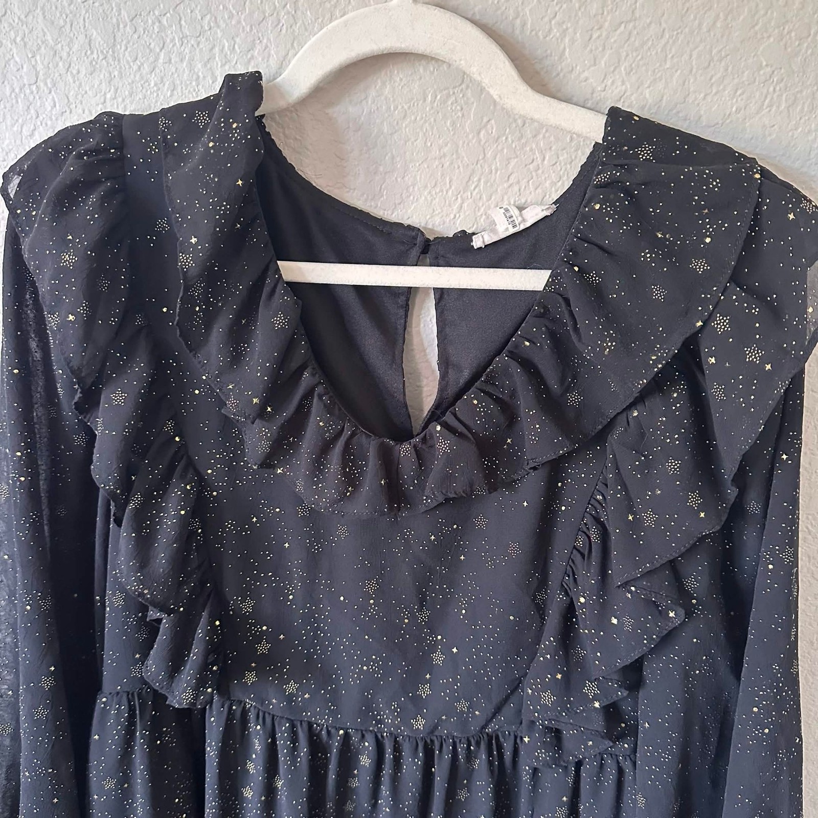 By the River Celestial Black Gold Star Ruffle Midi Dress Large Whimsigoth Witchy