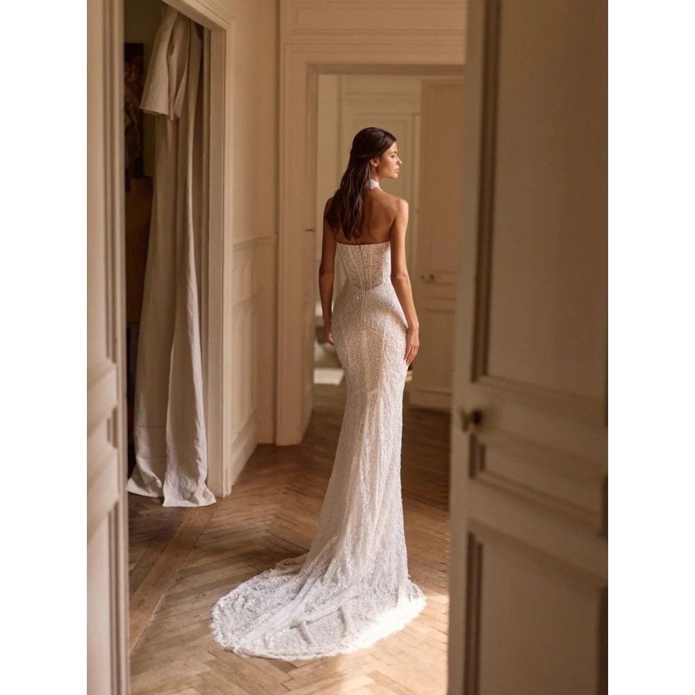 Shinny Mermaid Prom Dresses Strapless High Slit applique Bead Lace Bridal Gowns
