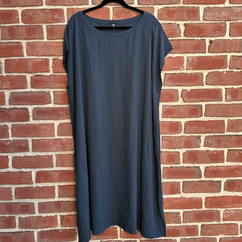 Eileen Fisher $248 Charcoal Gray Bateau Neck Midi Tunic Dress Tencel Lyocell 2X