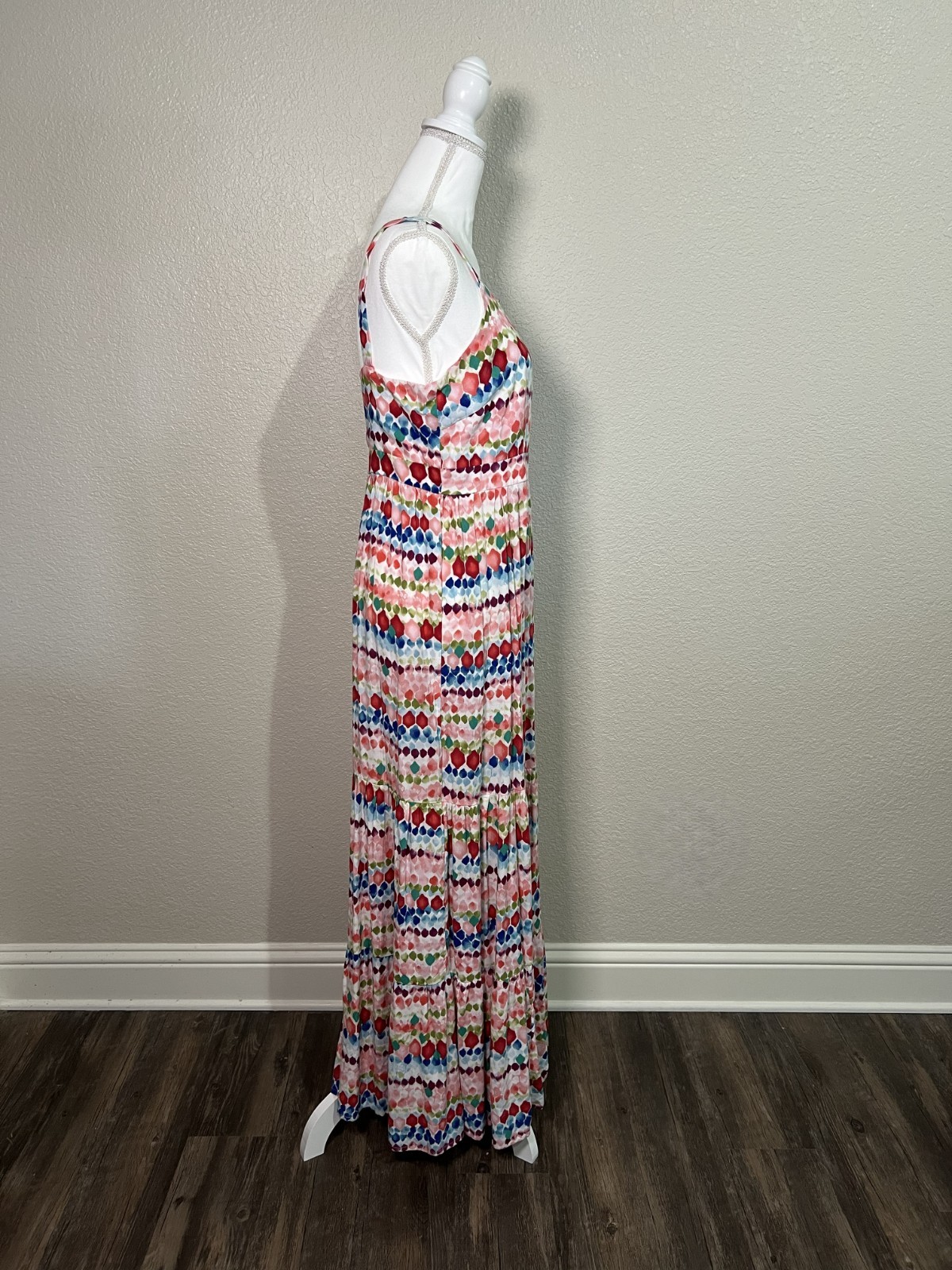 Mi Ami Women’s Size Med Pink Red Print Maxi Dress Sleeveless Rayon Tiered Ruffle
