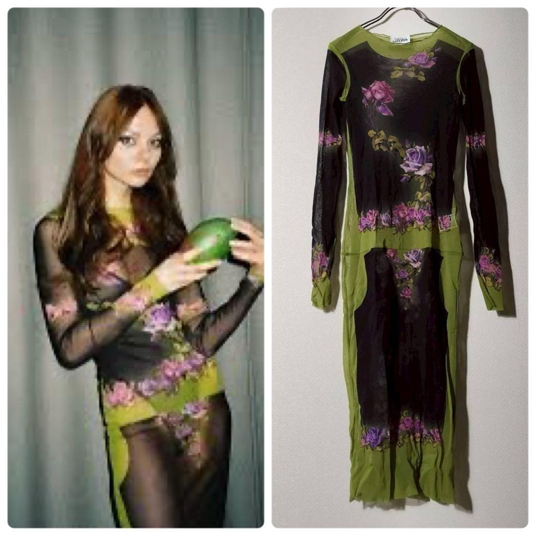 JEAN PAUL GAULTIER Love Moi Sheer Power Mesh Floral Rose Long Dress S Archive