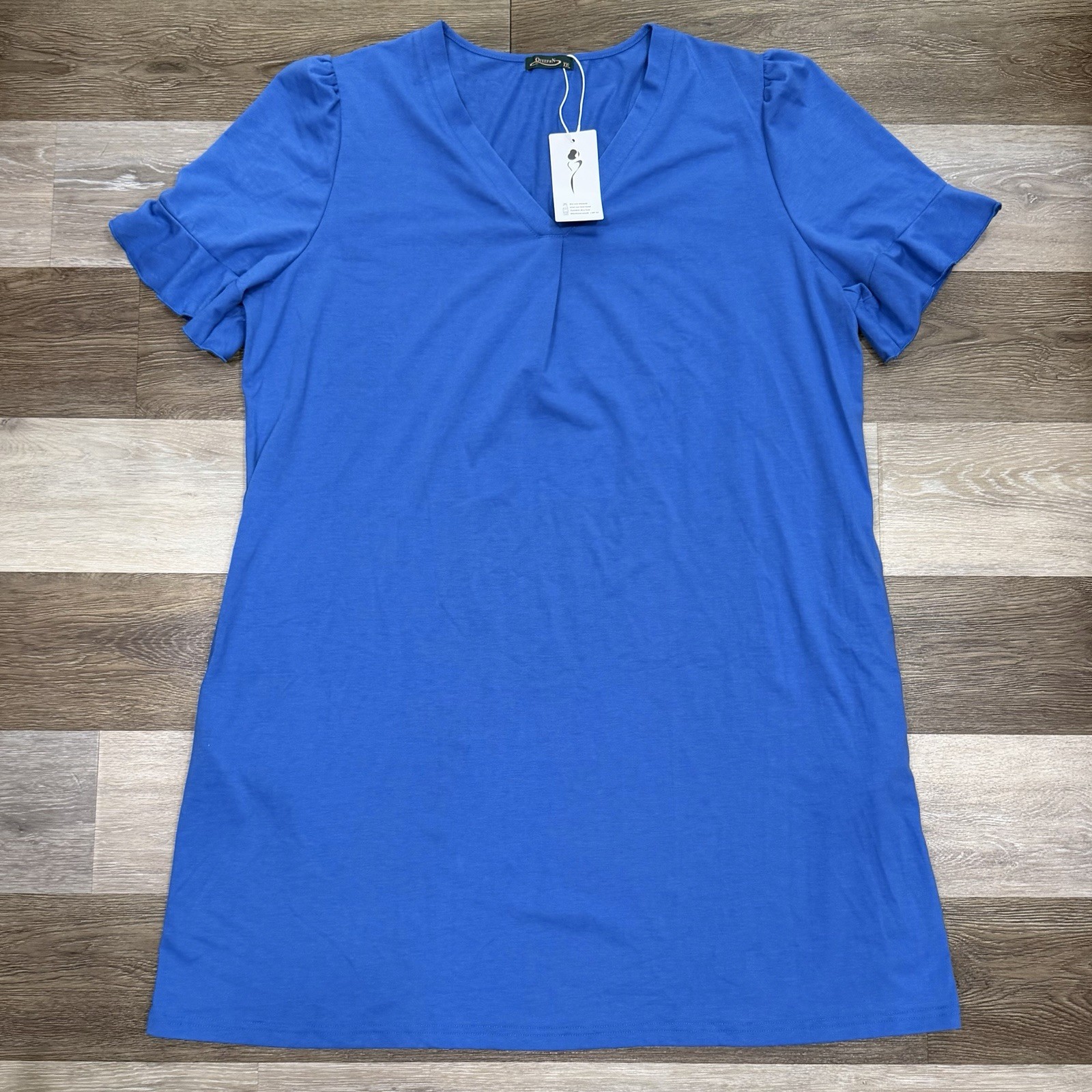 Ofeefan Shift Dress Sz XXL Blue Ruffled Short Sleeves V Neck Pockets Casual NWT