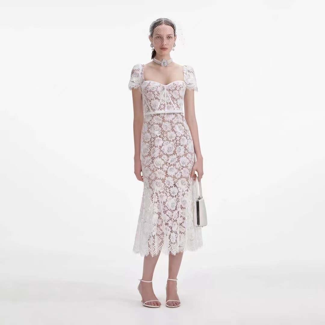 Women Self-Portrait Blue White Lace Fishtail Dresses