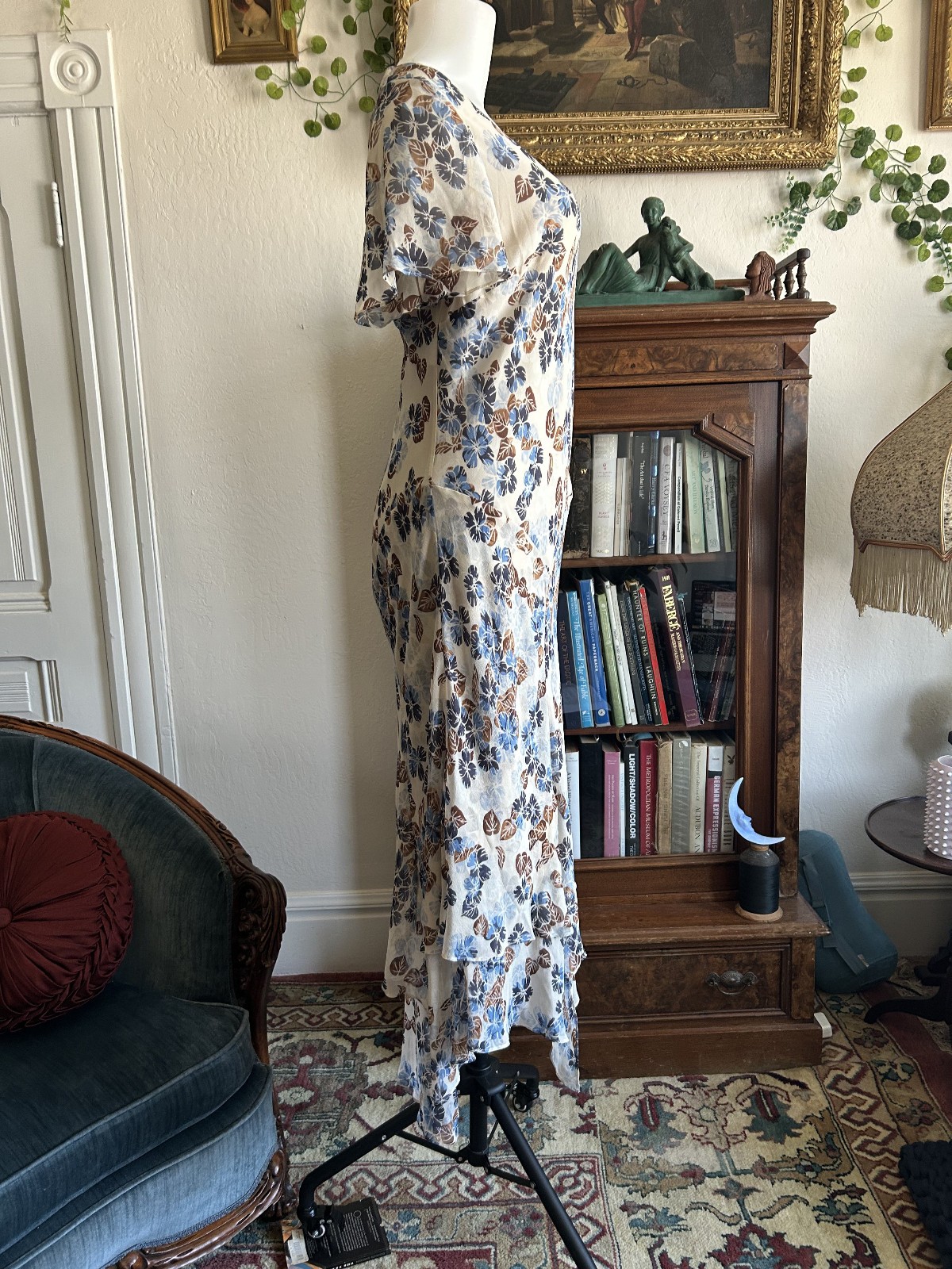 90s Y2K 100% Silk Cream Floral Fairy Hankercheif Asymmetrical Dress sz 16W Bias