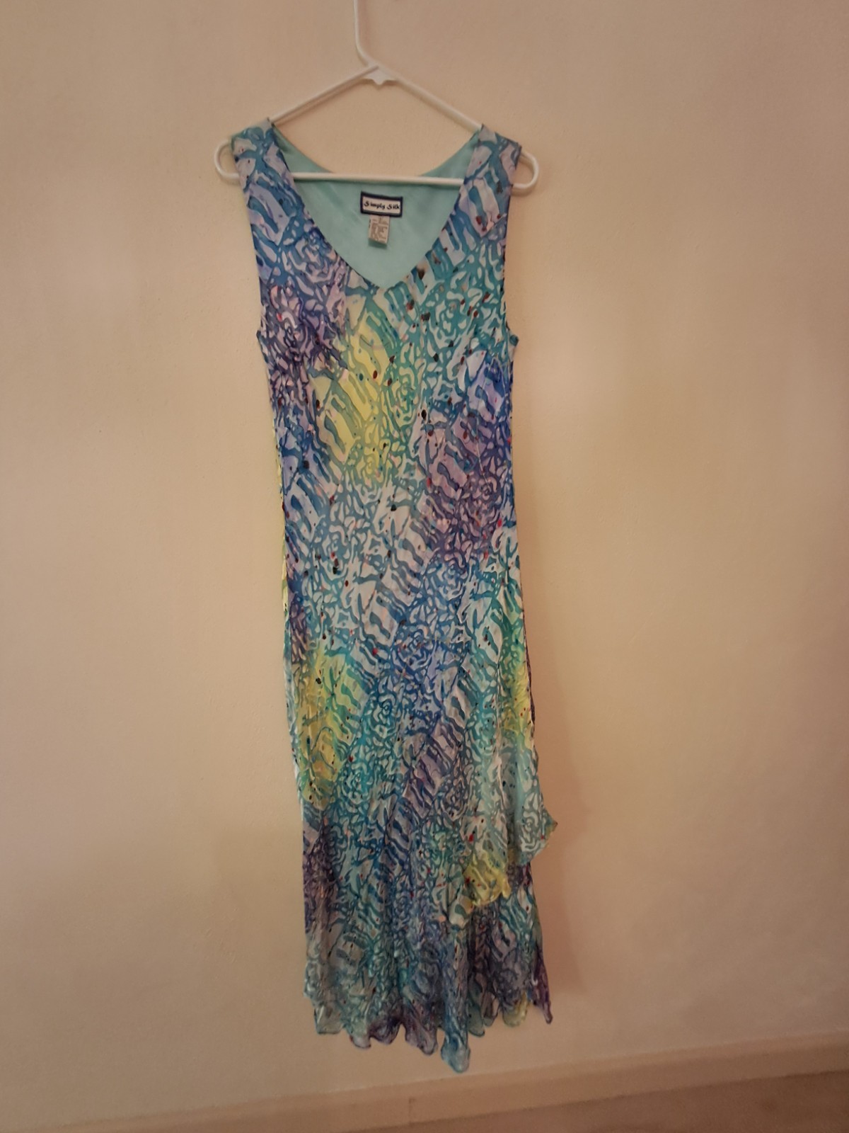 Simply Silk Wearable Art, Hand-painted Dress. Aqua, Blue, Violet Watercolor