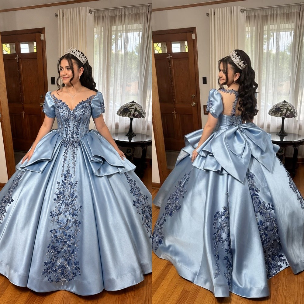 Princess Quinceanera Dress Short Puff Sleeves Satin 3D Floral Sweet 16 Ball Gown