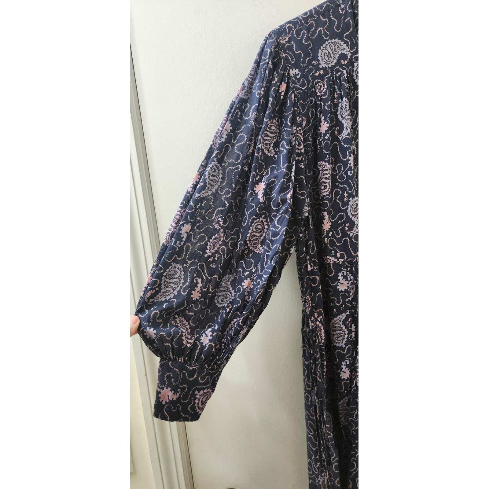 Isabel Marant Etoile Anaco Paisley Cotton Smocked Mini Dress Navy Pink Size 34