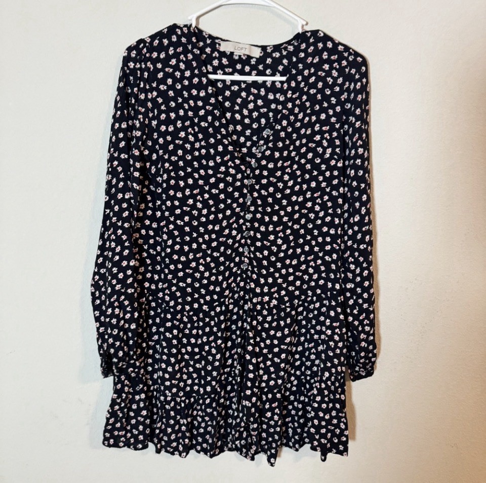 LOFT Navy Floral Fit & Flare Short Dress V-Neck Long Sleeve Button Front XXS