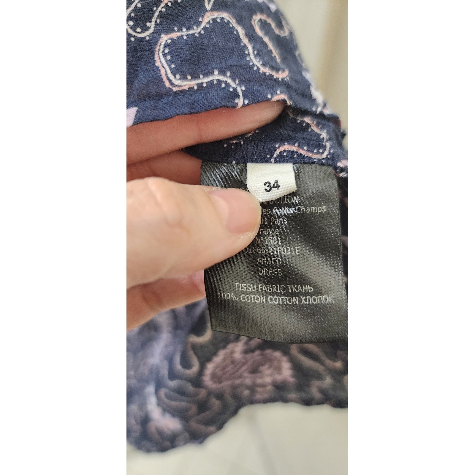 Isabel Marant Etoile Anaco Paisley Cotton Smocked Mini Dress Navy Pink Size 34