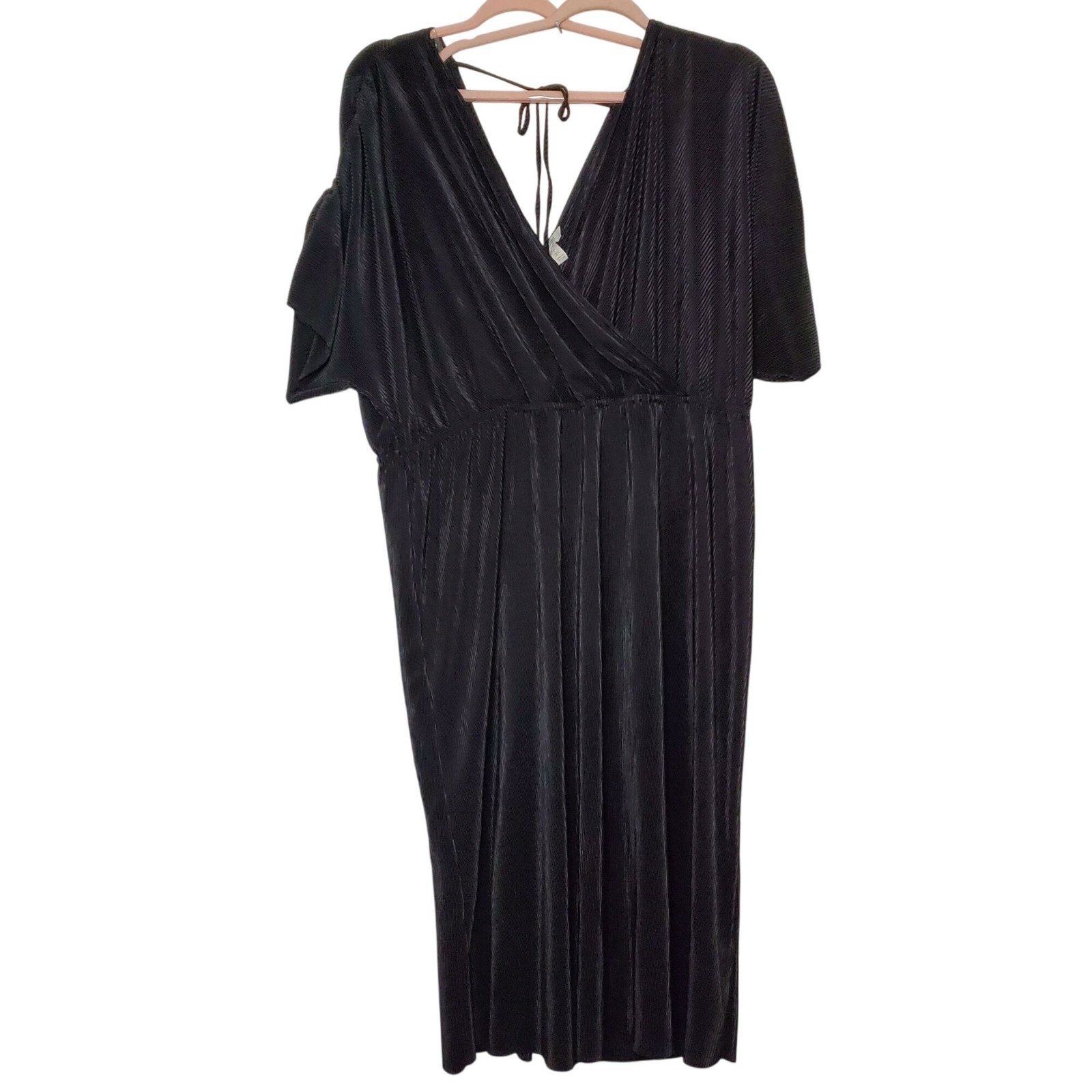 Nine.Eight New York Black Pleated Maxi Dress 3X V-Neck With Tie Closure Womens