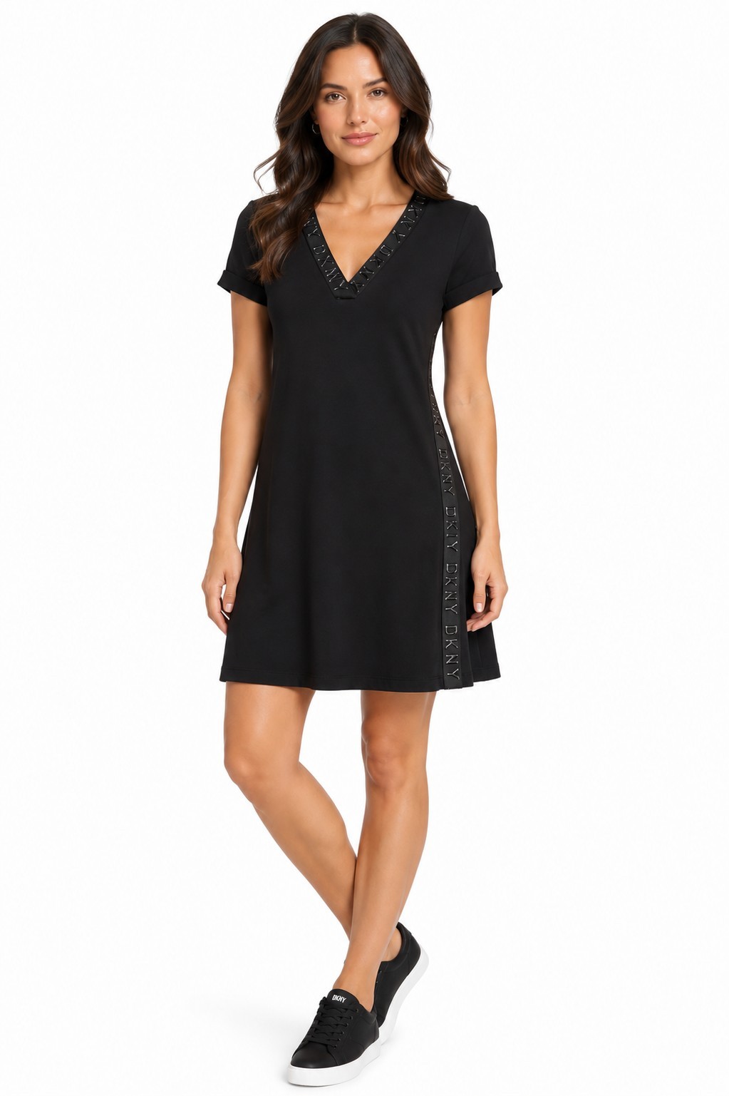 DKNY black V-neck cap sleeve A-line knit logo trim knee dress Size L