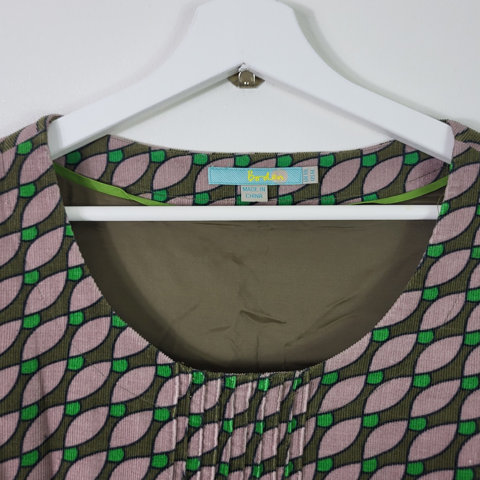 Boden Shift Knee Length Dress Womens Brown Green UK 10L US 6L 100% Cotton 1807