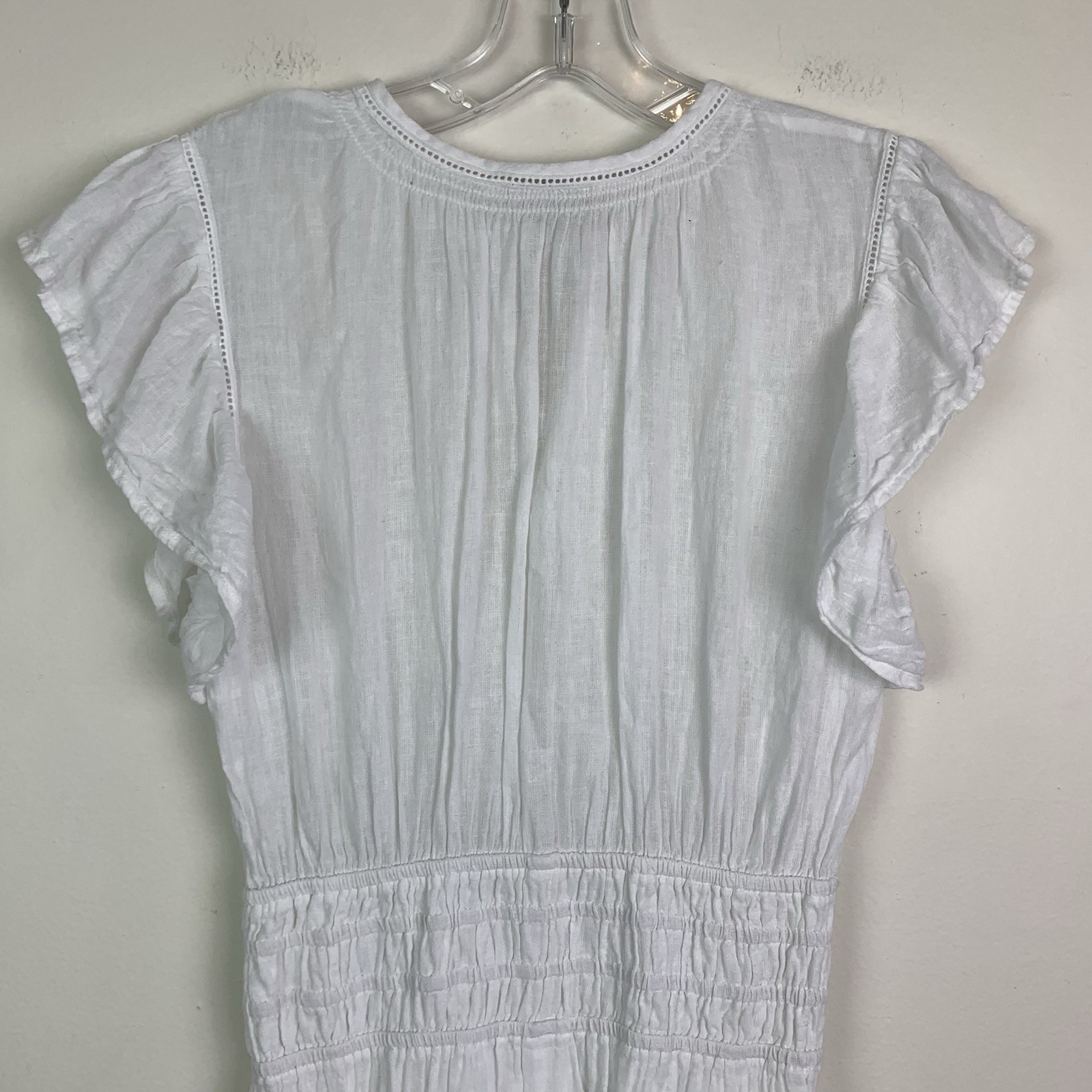 Rails Iona Linen Blend Midi Dress in White Lace Smocked Flutter Sleeves Size XS