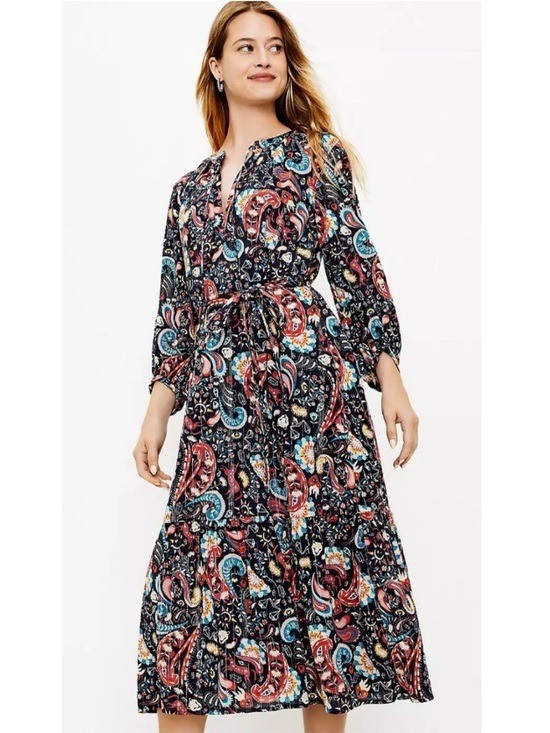 Ann Taylor LOFT Metallic Paisley Majestic Animal Tiered Midi Dress Novelty Navy