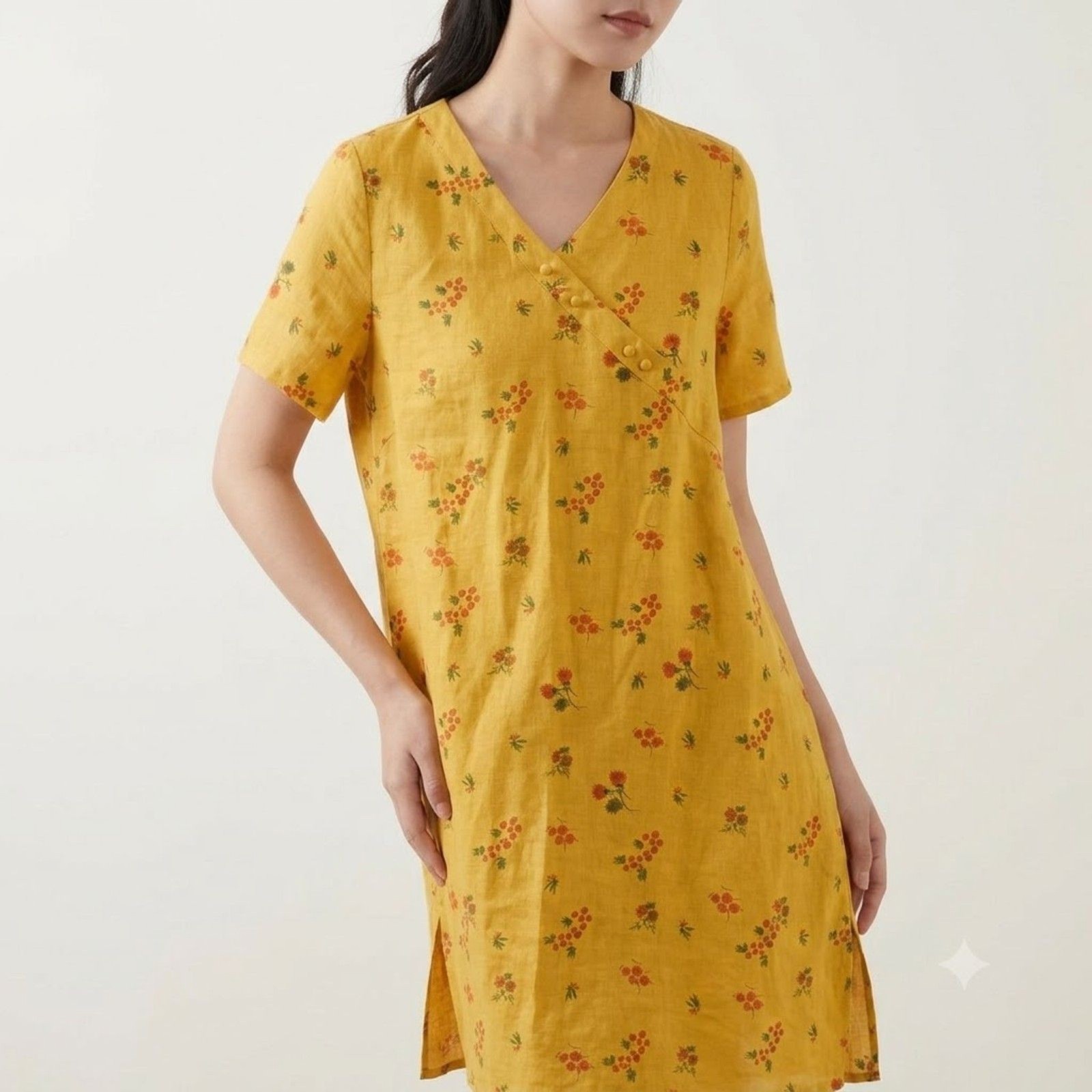 Yellow Floral Linen Dress Summer Shift Cottagecore Boho Short Sleeve Large NWT