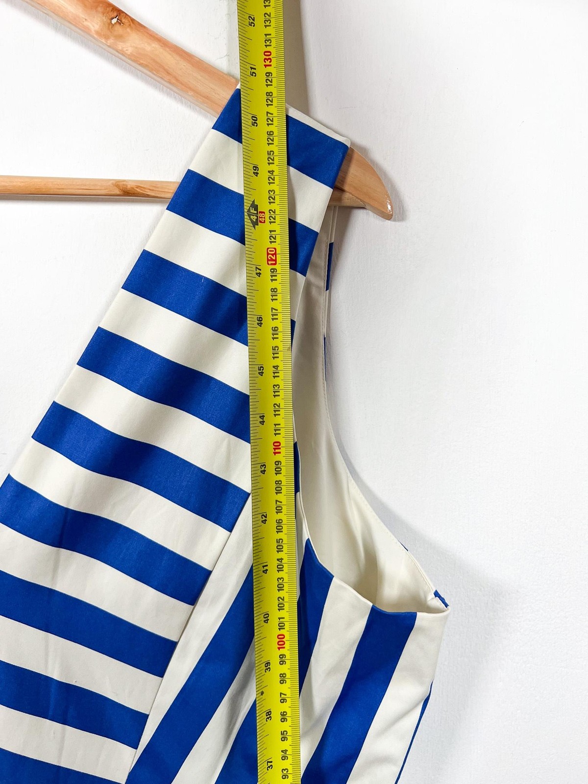 Boden Dress Size UK 20 Blue White Satin Panelled Bodice Midi Striped Fit Flare