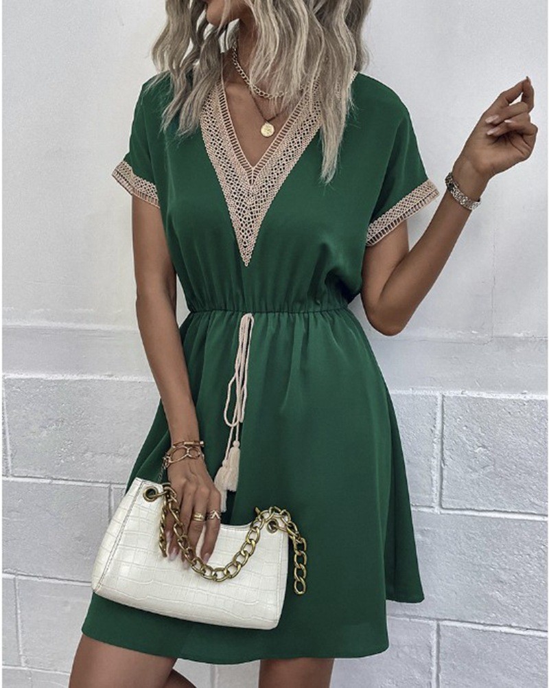 V NECK Summer DRESS WOMEN Short Sleeve Casual Solid Color Ruffle Midi Dresses