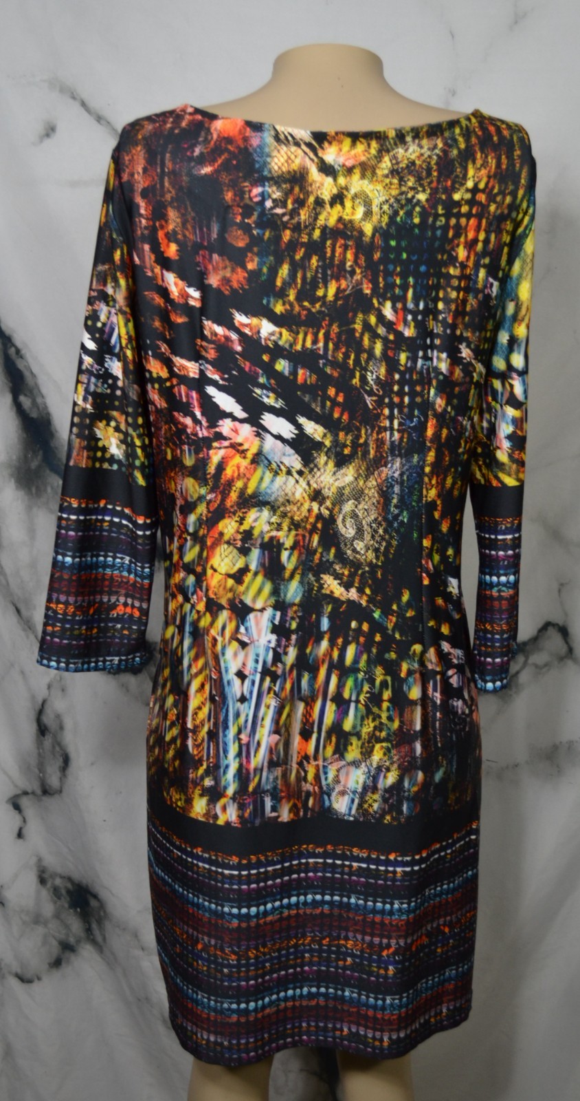 ISLE BY MELIS KOZAN Black Multicolor Multiprint Dress Large 3/ Sleeves Unlined