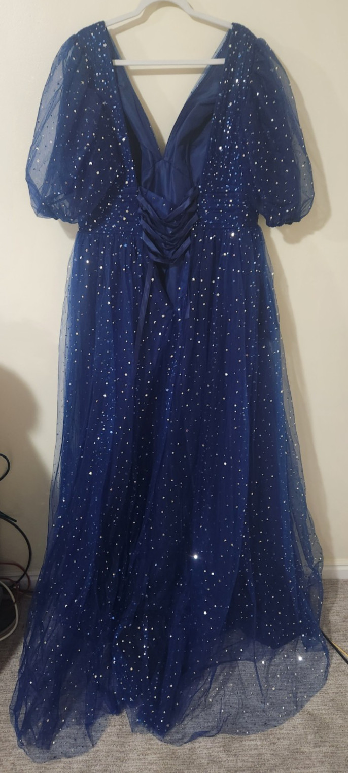 Xijun Dress Size 14 Tulle V Neck Puffy Sleeve Slit Starry Navy Blue Prom NWOT