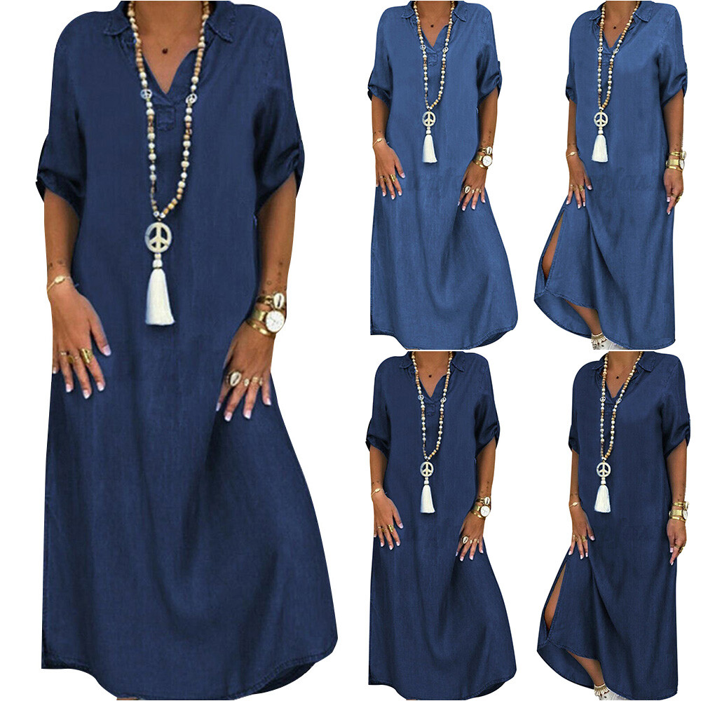 Plus Size Women Casual Summer Loose Denim Maxi Dress Jeans Sundress Kaftan Beach